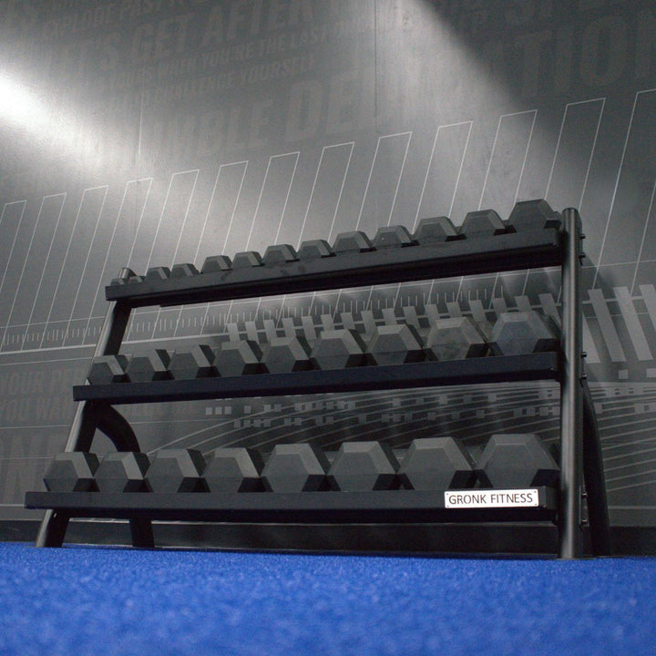 Gronk 3 Tier Flat Tray Dumbbell / Kettlebell Rack ( Fits 5-75lb DB set) Gronk Fitness Products Dumbell racks, power block stand, plate and bar storage, kettlebell racks, ball racks 4_720x_5033eff7-9952-4044-a0c2-a29a0b7042a3