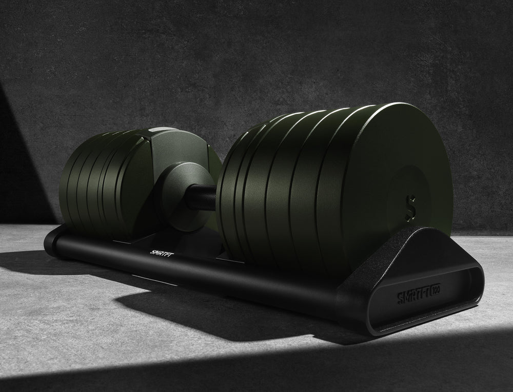 Nuobell Adjustable Dumbbell 100lb Tactical Green SMRTFT Dumbbells smrtft-adjustable-dumbbell-100lb-hero-angle